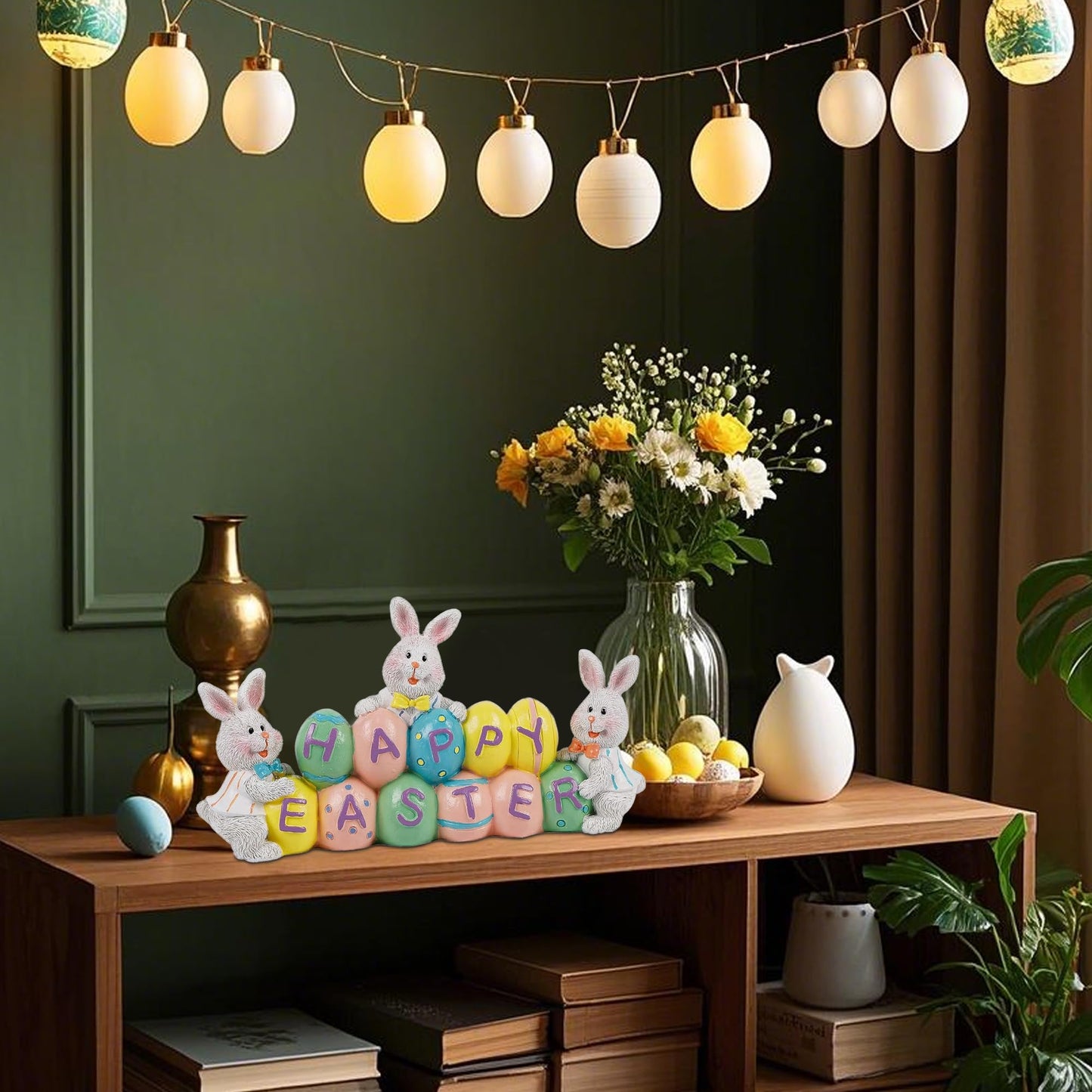 Easter Decorations Eggs Bunny, Hand-Painted Resin Tabletop Centerpiece, Decor Bunny Figurine for Home Room Table Office Party (Happy Easter)