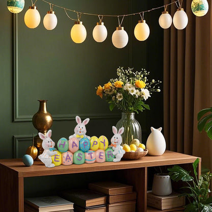 Easter Decorations Eggs Bunny, Hand-Painted Resin Tabletop Centerpiece, Decor Bunny Figurine for Home Room Table Office Party (Happy Easter)