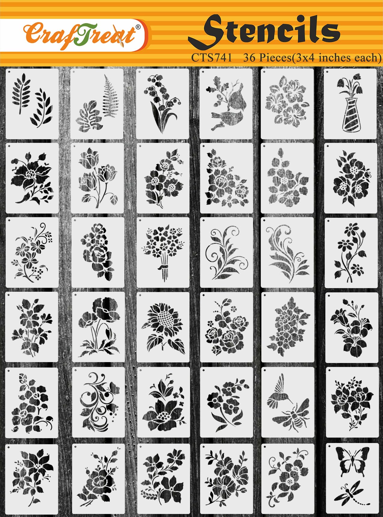 Reusable 36-Piece Flower Stencils for Painting (3x4), DIY Floral Stencils for Wood & Wall