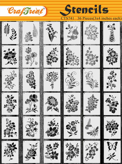 Reusable 36-Piece Flower Stencils for Painting (3x4), DIY Floral Stencils for Wood & Wall