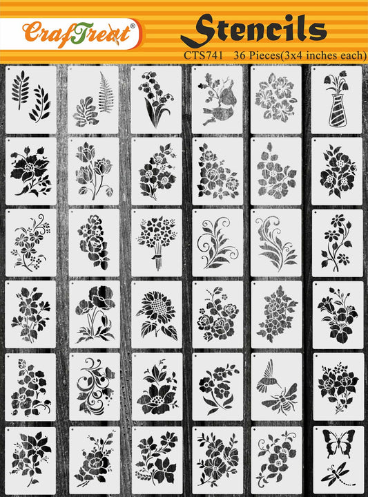 Reusable 36-Piece Flower Stencils for Painting (3x4), DIY Floral Stencils for Wood & Wall