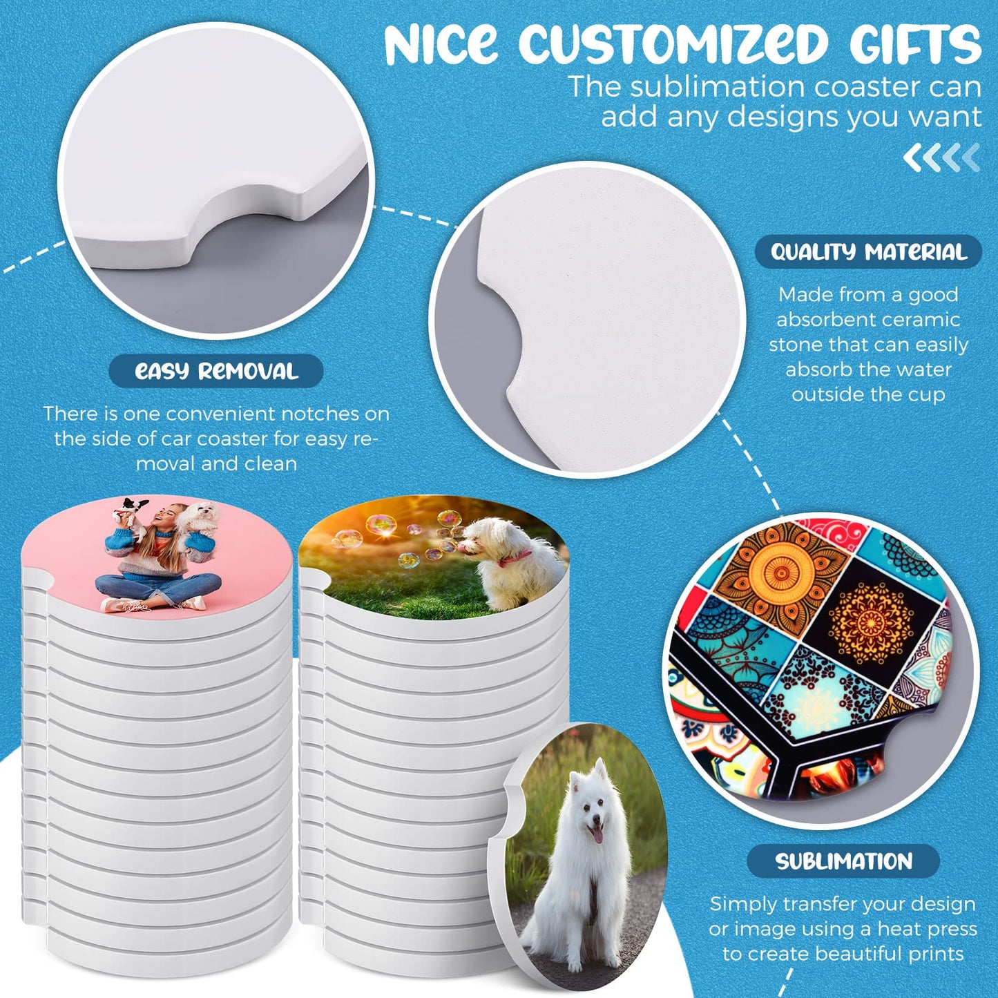 Ceramic Car Sublimation Blanks Cupholders Sandstone for Car Cup with Finger Notch for Easy Removal Ceramic Auto Cupholder Keep Vehicle from Cold Drink Sweat Stain Spill(24 Pieces)