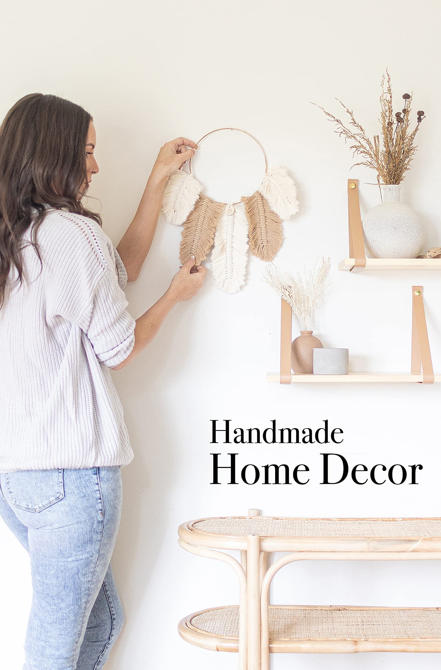 DIY Macrame Kit, Feather Dream Catcher Wall Hanging Kits for Teens & Adult Beginners, Craft Supplies for Boho Art Project-Macrame Cord, Gold Hoop, Accessories & Instructions (Khaki)