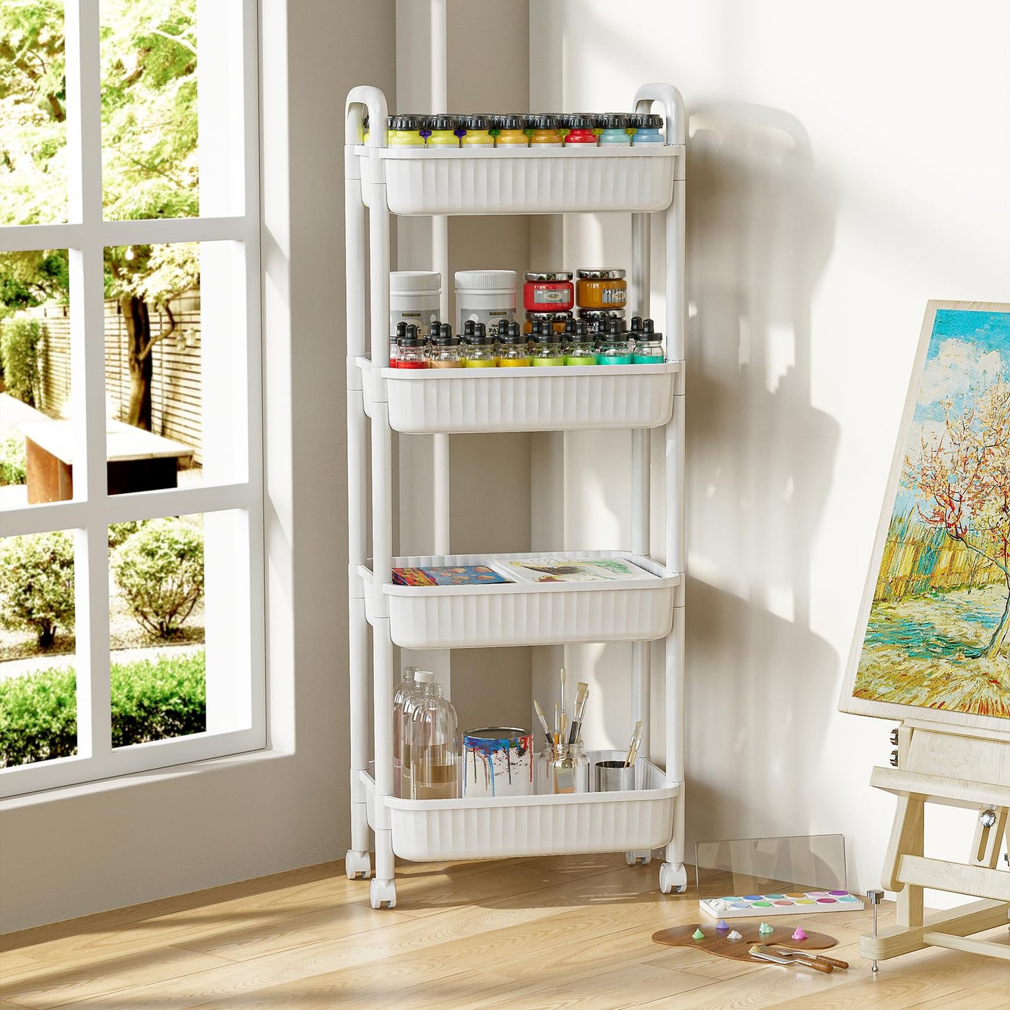 4 Tier Rolling Carts with Wheels, Utility Cart with Handle and Locking Caster, Storage Cart for Kitchen, Office, Bedroom, Suitable for Diaper, Art Tools, Snack, Craft Storage Cabinet, White