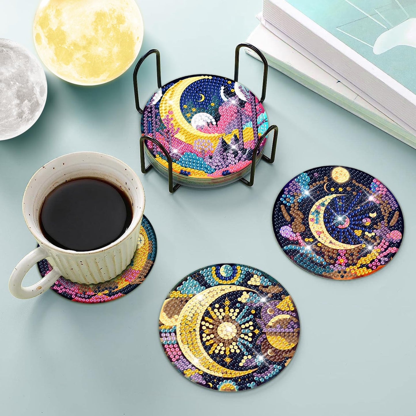 8 PCS Mystical Moon Diamond Art Coasters Diamond Art Coasters Kits with Holder Mystical Moon DIY Coasters for Beginners, Adults, Kids, Diamond Art Crafts Supplies