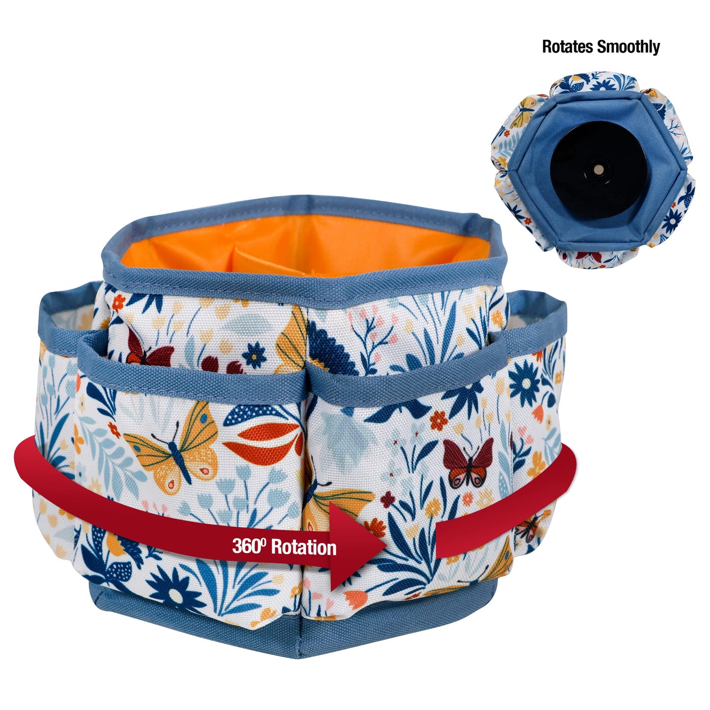 360 Degree Rotating Organizer for Tabletop, Counter, Storage, Sewing Supplies, Art Supplies with Compartments, Butterfly Floral Print