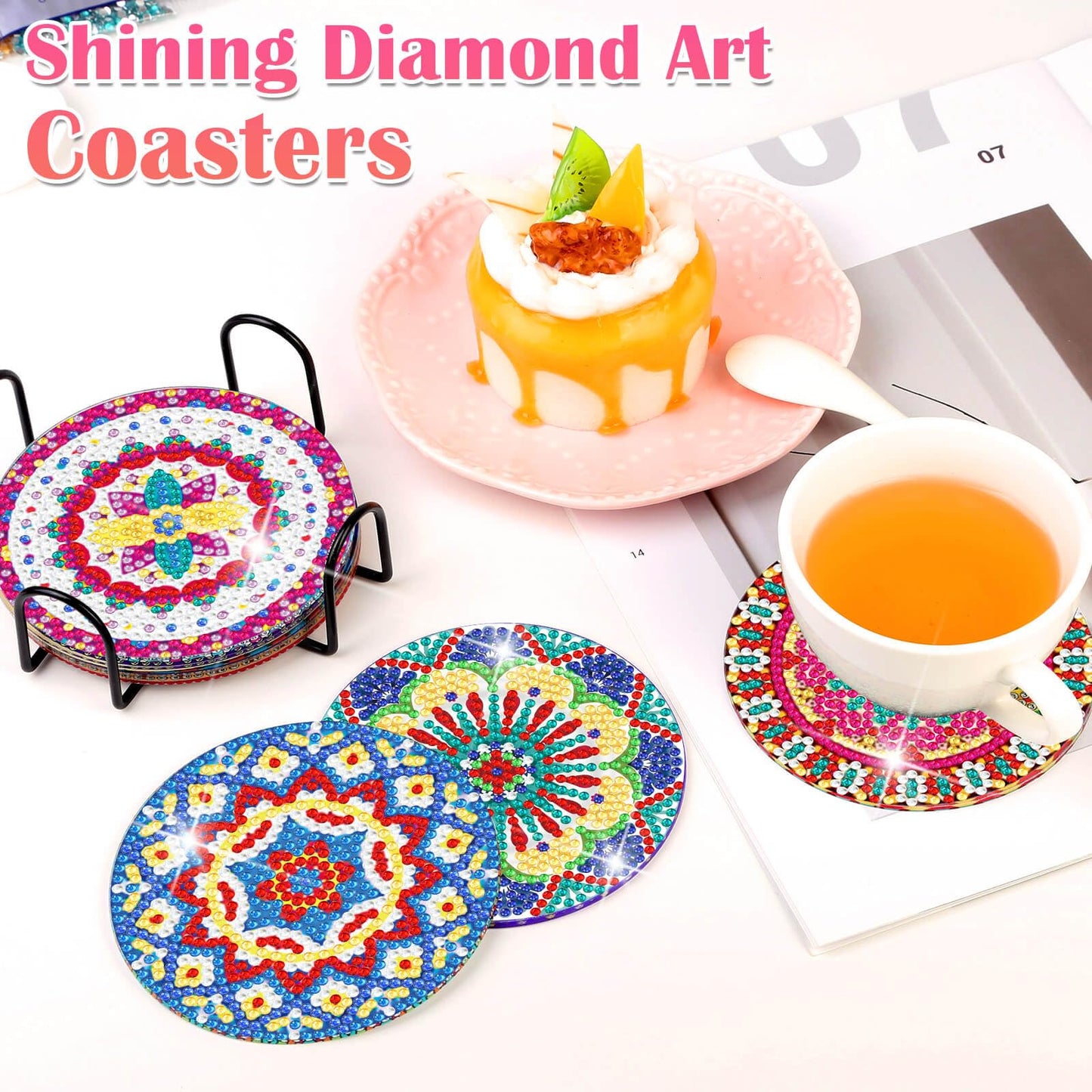 8 Pieces Diamond Art Painting Coasters Kit with Holder, Diamond Art Coasters, Arts and Crafts for Adults, Small Diamond Craft Kits for Beginners