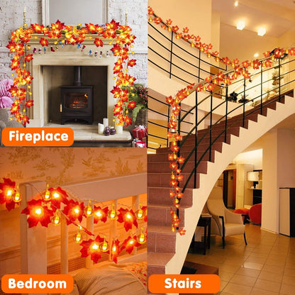2 Pack Fall Garland with Pumpkin Lights Fall Decorations for Home 60 LED 20 Ft Enlarged Maples Leaves Fall Lights Battery Operated Thanksgiving Halloween Pumpkin Decorations Home Indoor Outdoor Party