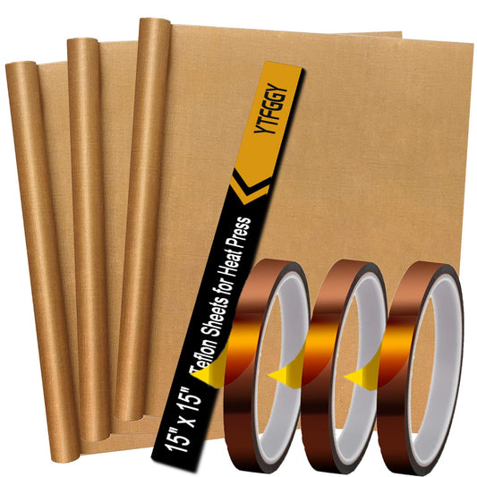 3 Pack Teflon Sheets for Heat Press 15x15 and 3 Rolls Heat Transfer Tape 10mm Non Stick Transfer Sheet Heat Press Tape Set for Sublimation PTFE Teflon Sheet Heat Resistant