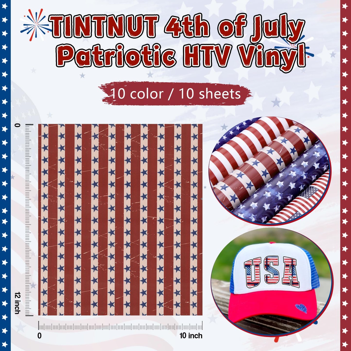 American Flag Heat Transfer Vinyl - 10 Sheets 10x12 Inch Patriotic Navy Blue White Stars Independence Day Iron On Vinyl for Cricut & Silhouette Cameo