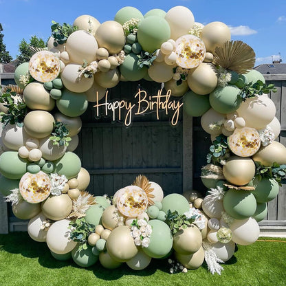 Sage Green Balloons Arch Kit, Green And Gold Balloons White Sand Olive Confetti Balloons Arch for Birthday Baby Shower Bridal Shower Engagement Baptism Wild One Party Decorations