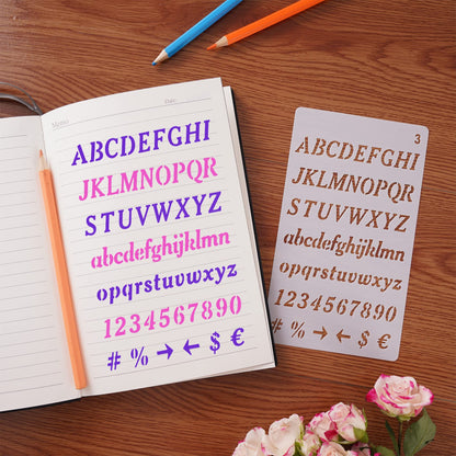 Letter Stencils - 12 Pack, 4 x 7 Inch, Reusable Plastic Alphabet Stencils for Bullet Journaling, Scrapbook Decor & DIY Craft Projects