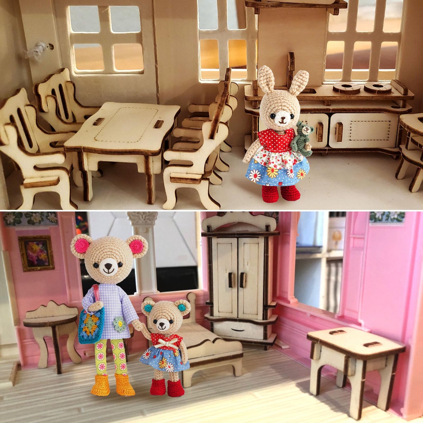 DIY Wooden Dollhouse Furniture Set, 3D Puzzle Miniature Room Accessories, Natural Wood