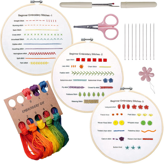 Beginners Embroidery Practice kit 3 Sets to Learn 30 Different Stitches for Craft Lover Hand Stitch with Embroidery Fabric with Skill Techniques