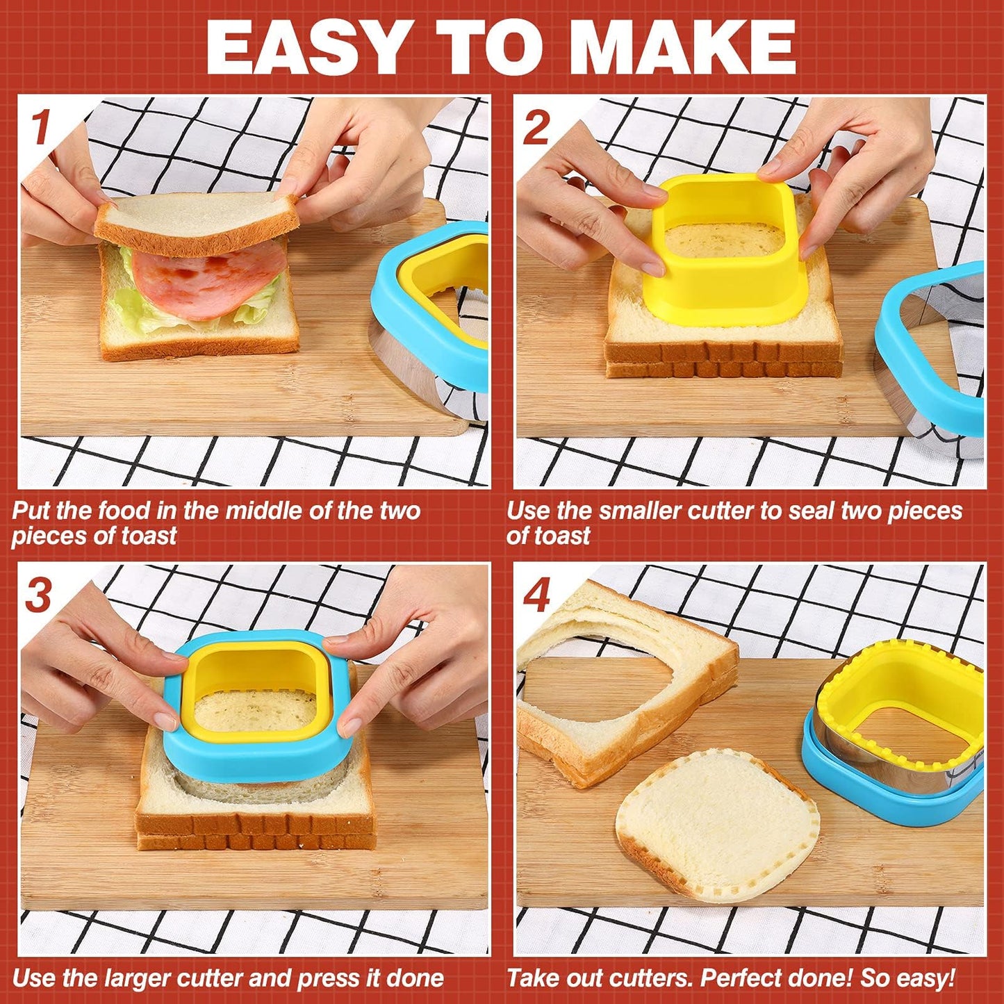 Sandwich Cutter and Sealer Set Uncrustables Maker 4 Pcs Bread Decruster Pancake Maker Heart Square Circle Dinosaur Shape DIY Cookie Cutters Gift for Kids Adult Boys Girls