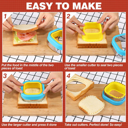 Sandwich Cutter and Sealer Set Uncrustables Maker 4 Pcs Bread Decruster Pancake Maker Heart Square Circle Dinosaur Shape DIY Cookie Cutters Gift for Kids Adult Boys Girls