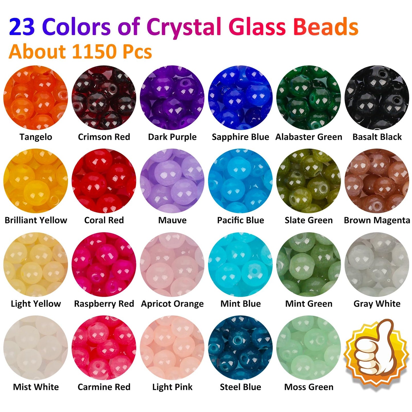 1150 Pieces 8mm Round Glass Beads for Jewelry Making, 23 Colors Crystal Beads for Bracelets Jewelry Making and DIY Crafts