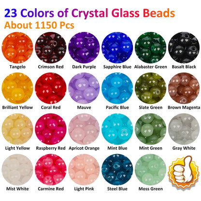 1150 Pieces 8mm Round Glass Beads for Jewelry Making, 23 Colors Crystal Beads for Bracelets Jewelry Making and DIY Crafts