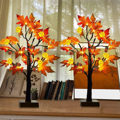 [ 2 Pack & Timer ]   24 Inch Lighted Maple Tree Fall Decor, Total 48 LED Battery Operated Tabletop Artificial Tree Design Patent Pumpkin & Acorn Thanksgiving Halloween Decoration Home Indoor