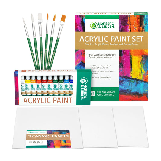 12 Acrylic Paints, 6 Paint Brushes for Acrylic Painting, 3 Painting Canvas Panels - Premium Art Supplies for Adults Canvas Painting