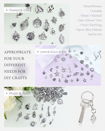 400 PCS Wholesale Bulk Lots Jewelry Making Charms Mixed Smooth Tibetan Silver Alloy Charms Pendants DIY for Bracelet Necklace Jewelry Making and Crafting