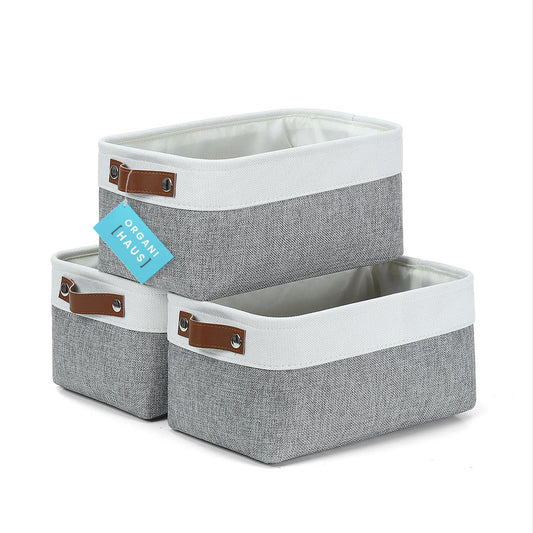 Small Fabric Storage Bins for Shelves 3 Pack, 12x8in Closet Storage Bins for Shelves, Cloth Baskets for Organizing, Linen Closet Organizers, Fabric Basket, Shelf Organizer Bins Gray/White