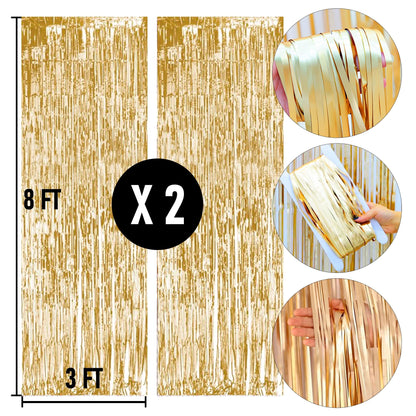 2 Pack Backdrop Curtain, 3FT x 8FT Metallic Tinsel Foil Fringe Curtains Photo Booth Background for Baby Shower Party Birthday Wedding Engagement Bridal Shower (Champagne Gold)