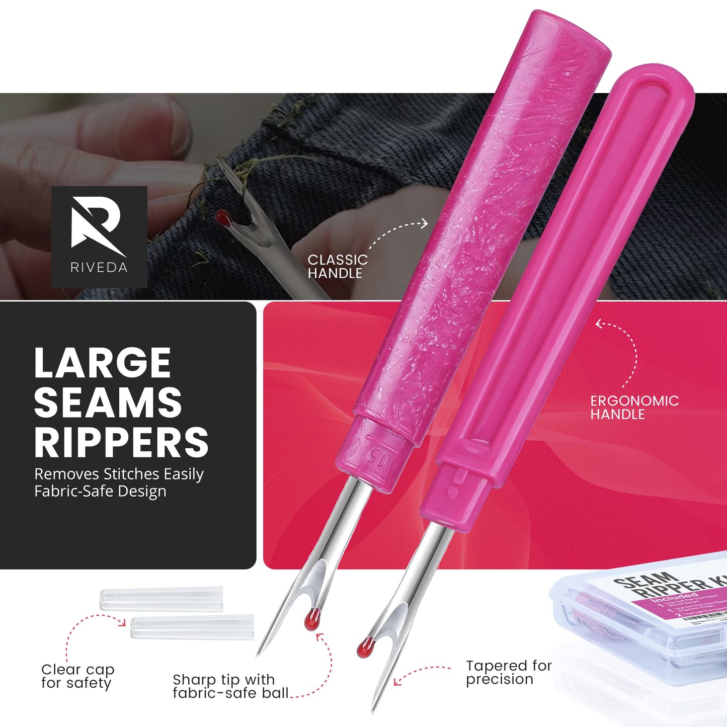 Seam Ripper Kit 7 Pcs - 1 Large, 1 Ergonomic, 2 Small Seam Rippers, Thread Cutter, Scissor, Measuring Tape - Sewing Accessories for Notions Quilting Crafts