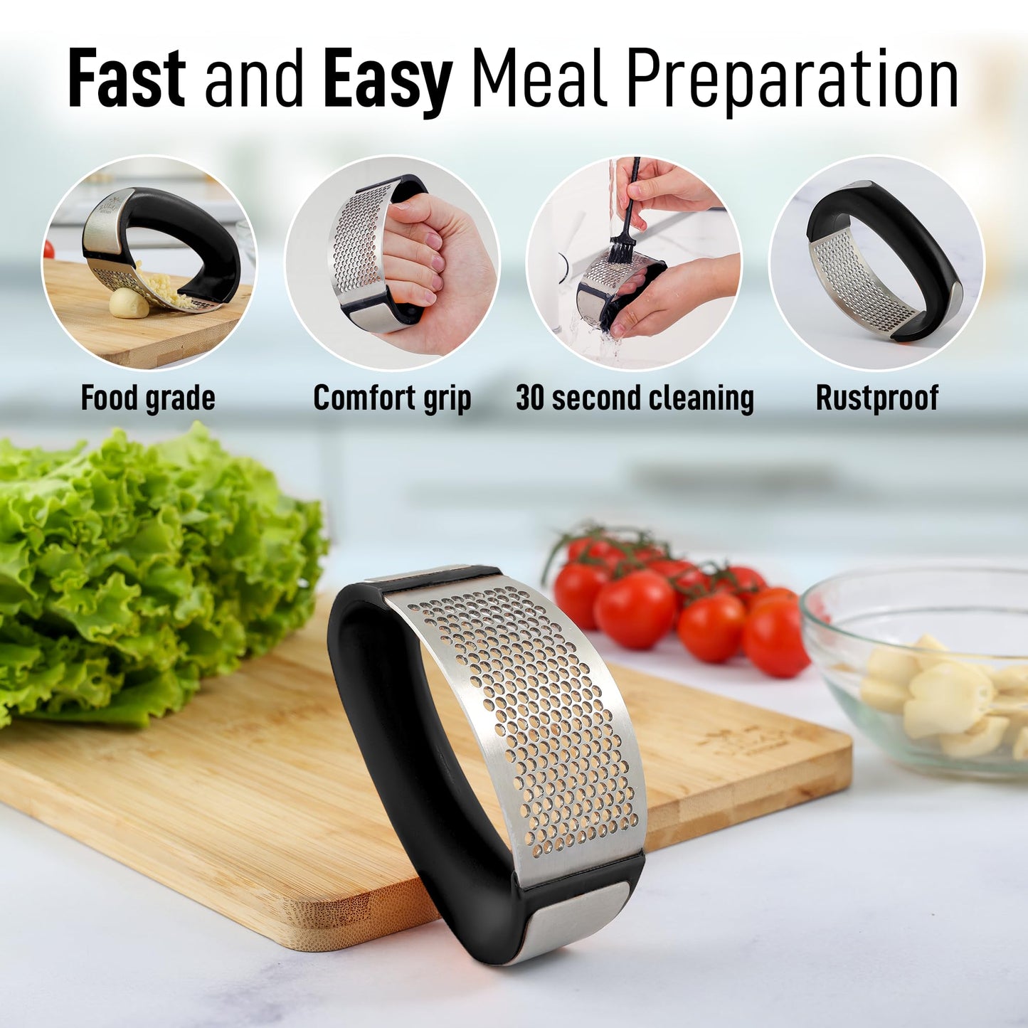 Stainless Steel Garlic Press Rocker Set - Premium Garlic Mincer Garlic Crusher - New Innovative Garlic Crusher with Peeler and Scraper - Comfortable Grip (Black) & Organizer Storage Tote Bag