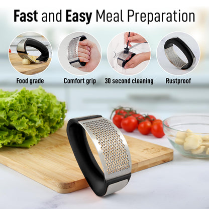 Stainless Steel Garlic Press Rocker Set - Premium Garlic Mincer Garlic Crusher - New Innovative Garlic Crusher with Peeler and Scraper - Comfortable Grip (Black) & Organizer Storage Tote Bag