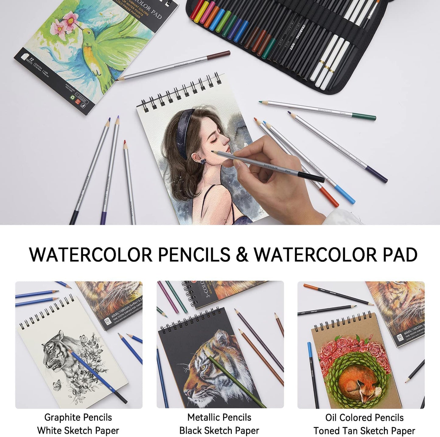 80 Pack Drawing Set Sketching Kit, Pro Art Supplies with 3-Color Sketchbook, Watercolor Pad, Colored, Graphite, Charcoal, Metallic Pencil, for Artist Adults Kids Beginner