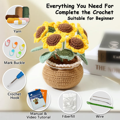 Crochet Kit for Beginners, Sunflower Crochet Starter Kit with Step-by-Step Video Tutorials, 40% Extra Practice Yarn