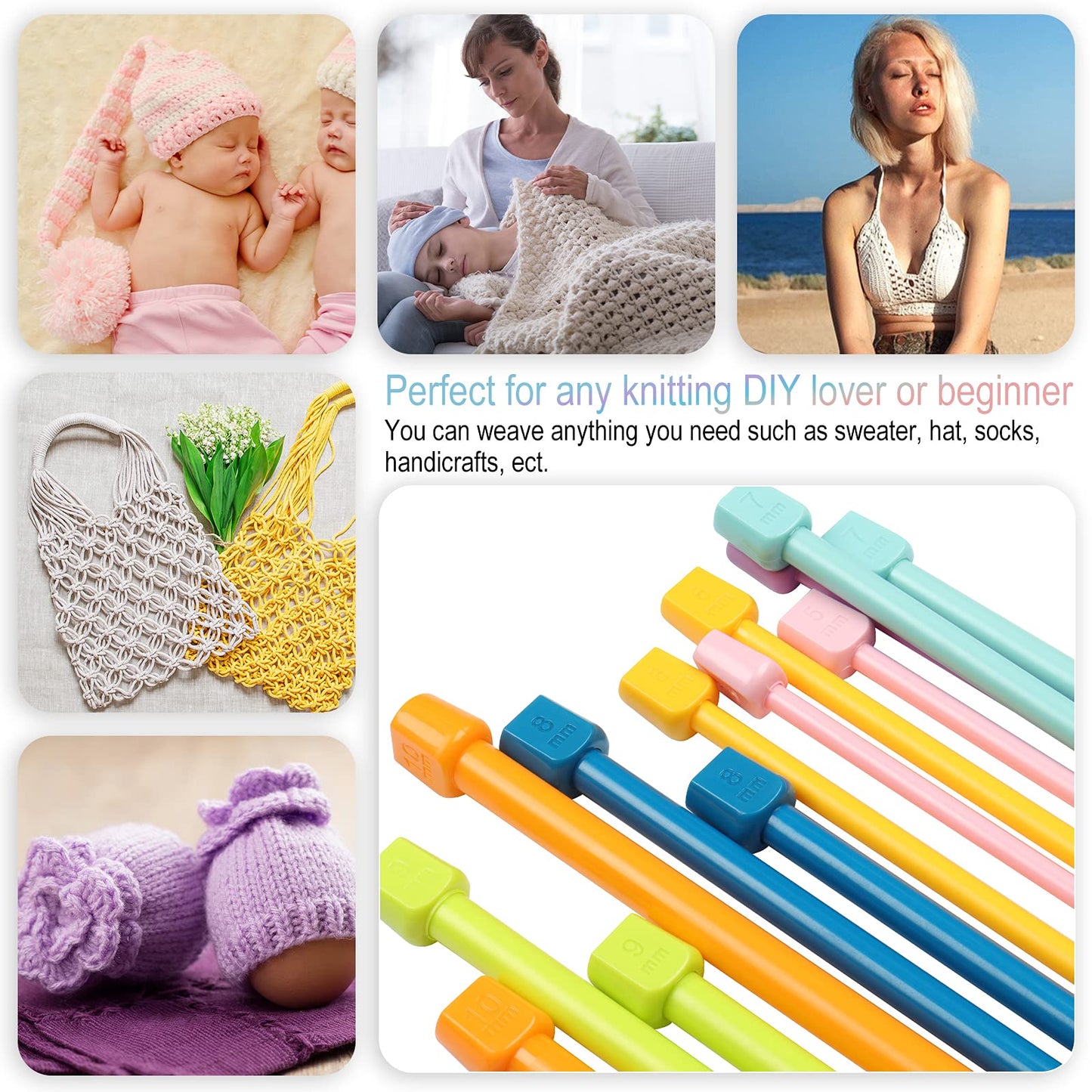 14PCS Plastic Knitting Needles for Beginner and Kids, 10 inch Long Straight Knitting Needles Single Pointed Needles Colorful Knit Needle Set Knitting Kit DIY Craft Yarn Weaving Tool,4mm to 10mm