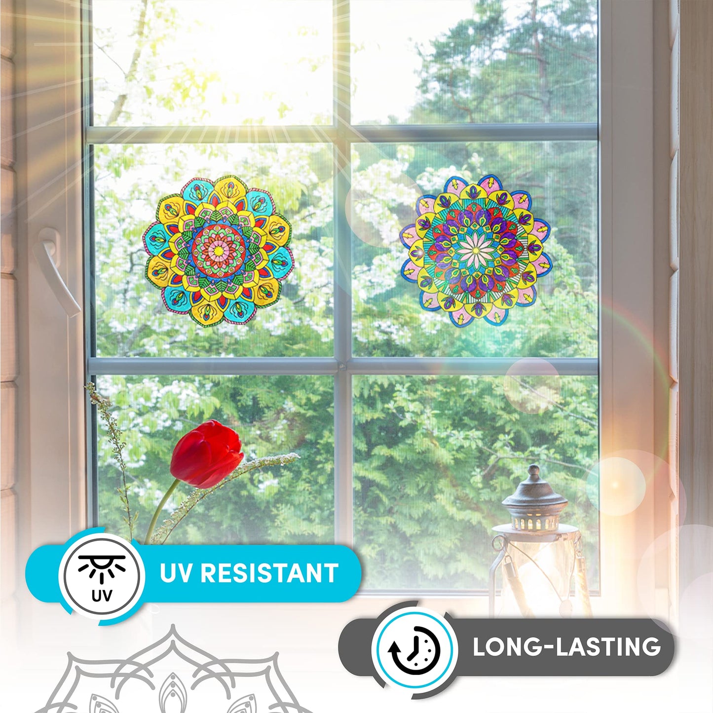 Stained Glass Mandala Art Kit - DIY Window Clings with Markers, 10 Suncatchers - Perfect Hobby for Adults, Kids, Teens & Seniors - Ideal Gift for Beginners, Women & Elderly