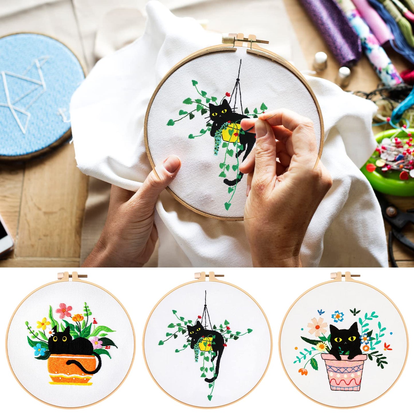 3 Sets Cute Cat Embroidery Kit for Adults Beginners, Stamped Cross Stitch Starter Kits Include Needlepoint Cloth Hoops Needles Threads and Instruction