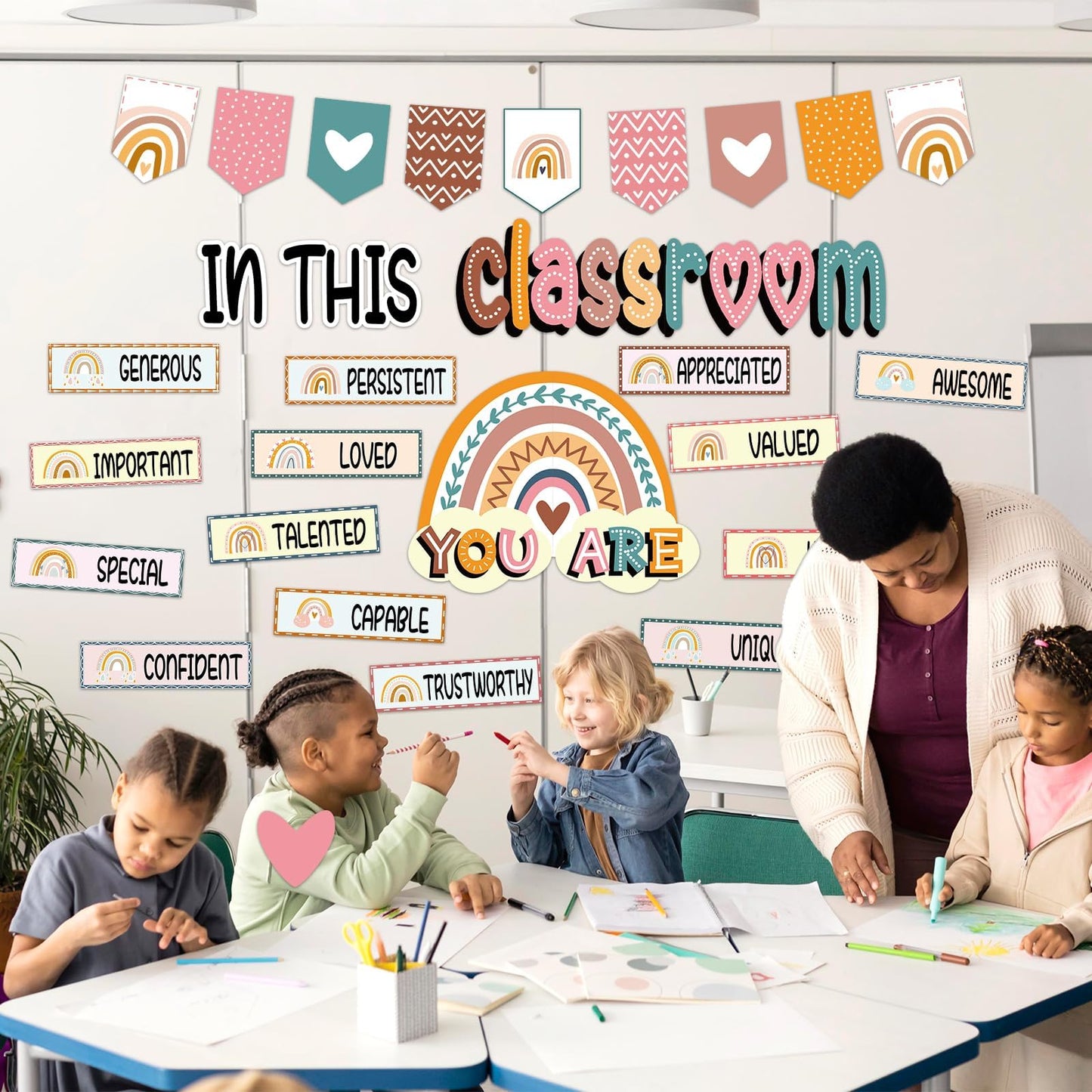 32pcs Classroom Bulletin Board Decorations Set - Boho Rainbow Motivational Words Cutouts Bulletin Decorations for Teachers School Classroom Bulletin Board