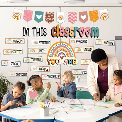 32pcs Classroom Bulletin Board Decorations Set - Boho Rainbow Motivational Words Cutouts Bulletin Decorations for Teachers School Classroom Bulletin Board
