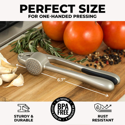 Kitchen Premium Garlic Press Set - Rust Proof & Dishwasher Safe Professional Garlic Mincer Tool - Easy-Squeeze, Easy-Clean with Soft, Ergonomic Handle - Silicone Garlic Peeler & Brush (Silver)