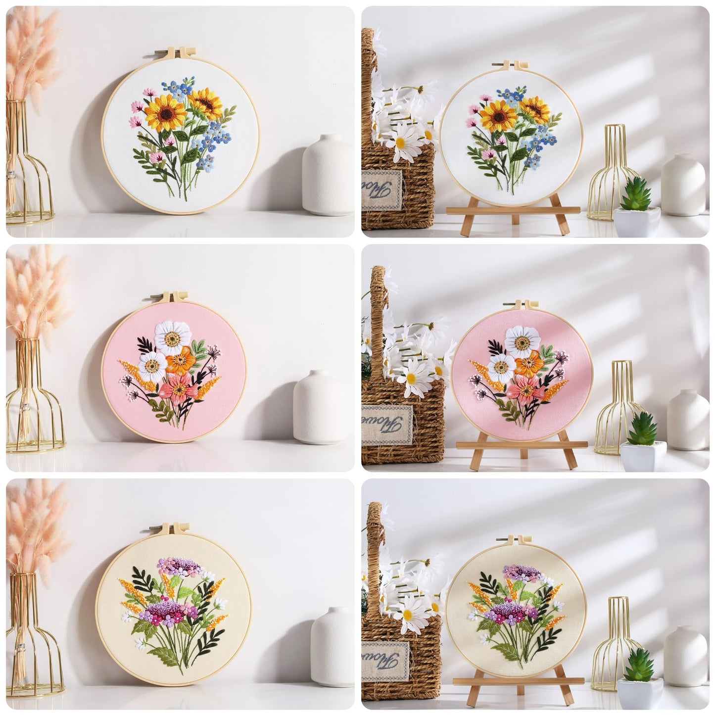 3 PCS Embroidery Kit for Beginners - Cross Stitch DIY Craft Set, Flower Embroidery Accessories & Hoop Included, Hand Embroidery Kit for Adults Stitching Sewing Kit Gift | FlowerB Patterns