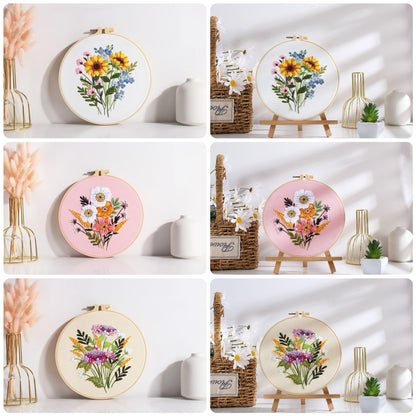 3 PCS Embroidery Kit for Beginners - Cross Stitch DIY Craft Set, Flower Embroidery Accessories & Hoop Included, Hand Embroidery Kit for Adults Stitching Sewing Kit Gift | FlowerB Patterns