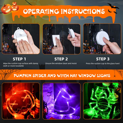 Halloween Decorations 3 Pack - Orange Pumpkin, Green Spider, Purple Witch Hat Window Lights With Suction Cup - Battery Operated, Upgrade Slow Fade Mode, Timer Function