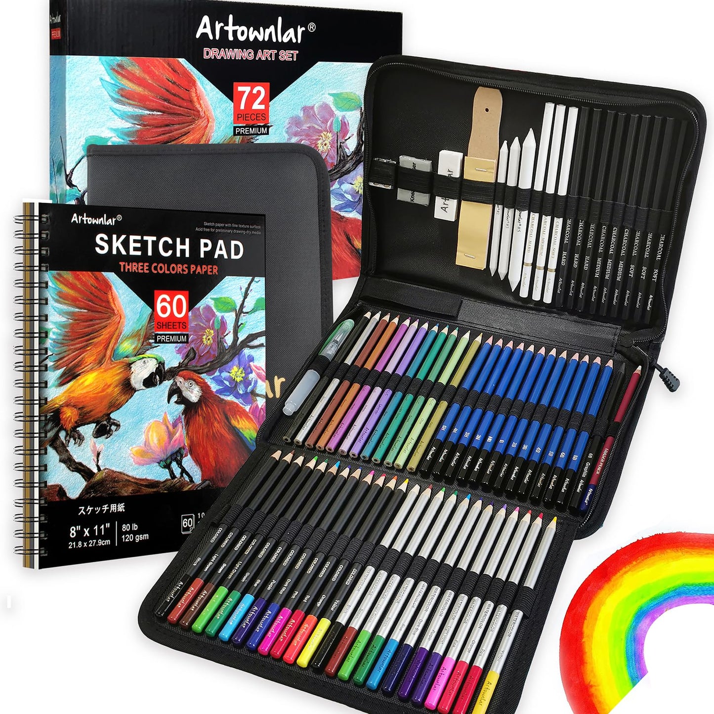 72 Pack Drawing Sketching Set with 8x11 Sketchbook | Pro Art Supplies Kit for Artist Adults Teens Beginner | Graphite Charcoal, Watercolor & Metallic Colored Pencils in Gift Case.