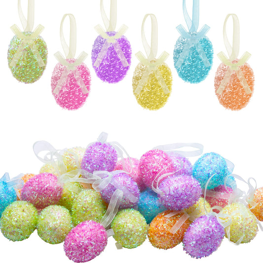 30PCS Glitter Hanging Eggs - Colorful Tinsel Easter Egg Ornaments, Spring Foam Hanging Egg Ornament for Easter Tree Christmas Home Party DIY Craft Decoration (Size S)