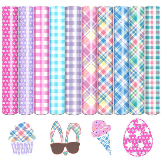 Plaid Heat Transfer Vinyl - 10 Sheets 12x10 Inches Pastel HTV for T-Shirts, Compatible with Cricut or Silhouette Cameo