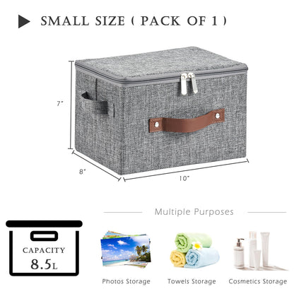 Storage Bins with Zipper Lid Cotton Linen Fabric Lidded Storage Baskets Boxes Foldable Washable Closet Shelf Clothes Organizer Container with PU Leather Handles (Gray, Small Size)
