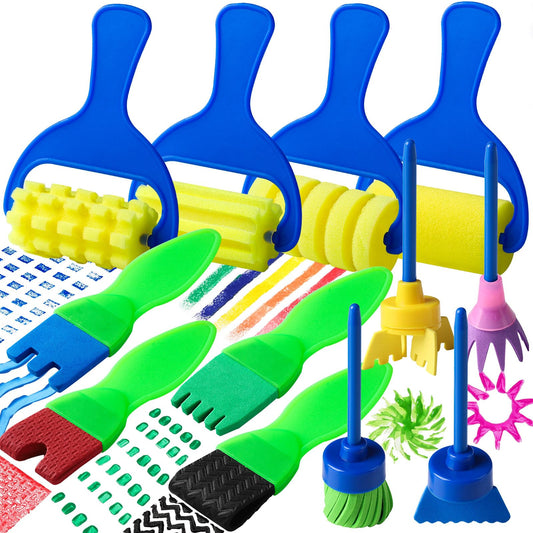 Kids Paint Brushes, 12 Pack Washable Painting Brushes for Toddlers Kids Early Learning Toys Foam Roller Sponge Arts Crafts Gift