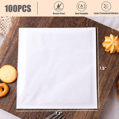 100PCS Heat-Sealable Cookie Bags with Window, 7.1"x7.5" Greaseproof Kraft Paper Bakery Bags for Donuts, Cookies, Bread, Sandwich Packaging