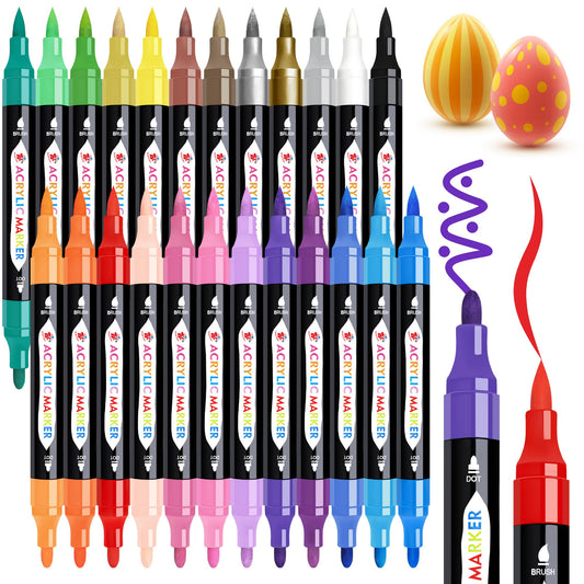 24 Colors Dual Tip Acrylic Paint Markers,Waterproof, Non-Toxic, odorless, Suitable for Paper, Pottery, Stones, Backpacks, Glass