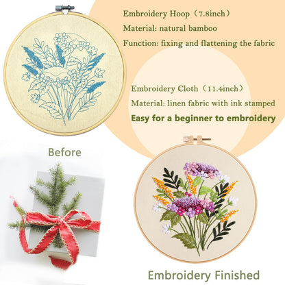 Flower Embroidery Kit for Beginners with Flower Pattern and Instructions,4 Pack Cross Stitch Kits,2 Wooden Embroidery Hoops,Threads and Needles,Needlepoint Kit for Adults