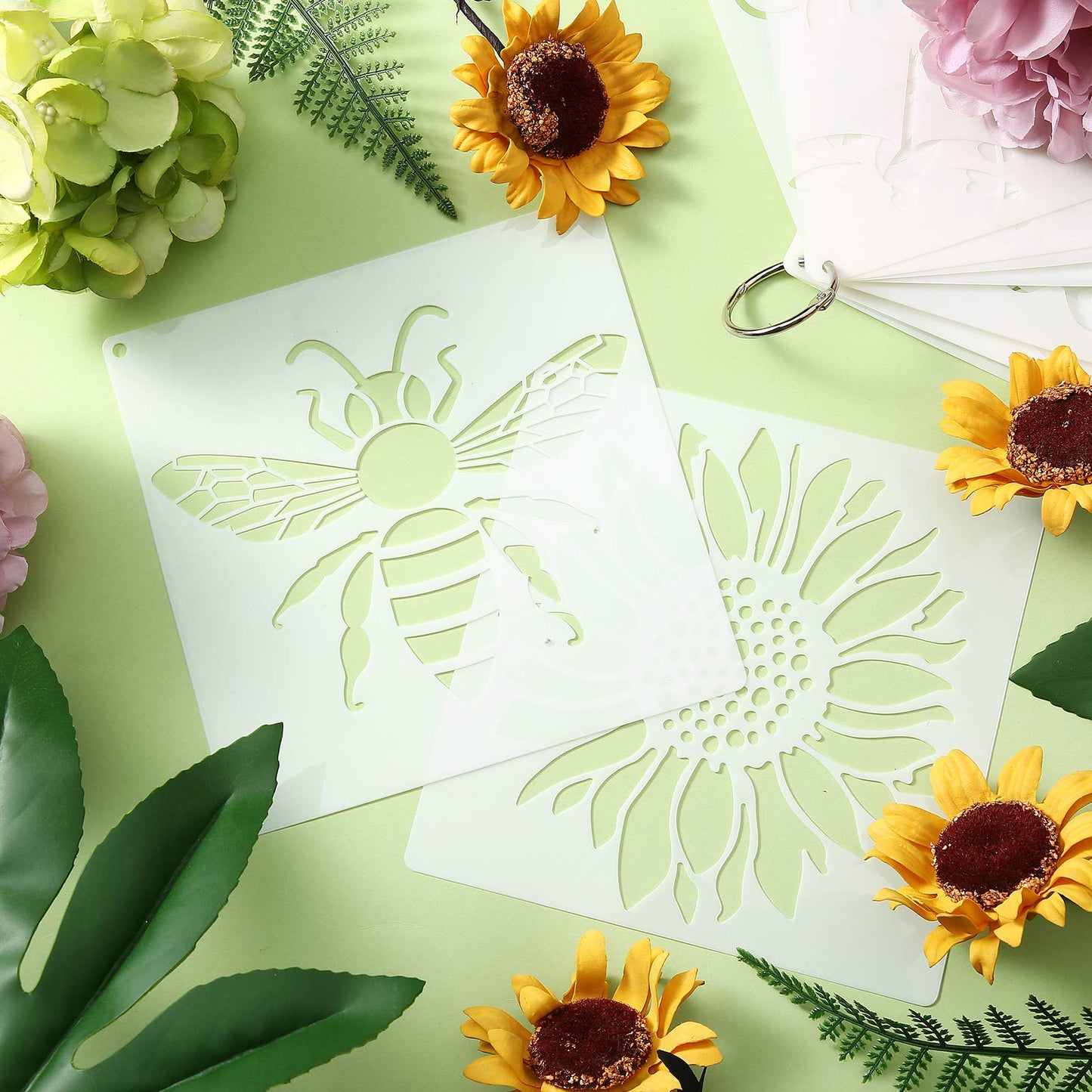 16 Pieces Stencil for Painting Sunflower Butterfly Floral Stencil Spring Summer Large Reusable Hummingbird Painting Templates and Metal Open Ring for DIY Craft on Wood Wall Home Decor(5.1 x 5.1 Inch)